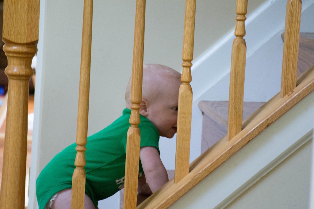 When Liam wasn't interested in what Emma was doing, he was trying to climb the steps.