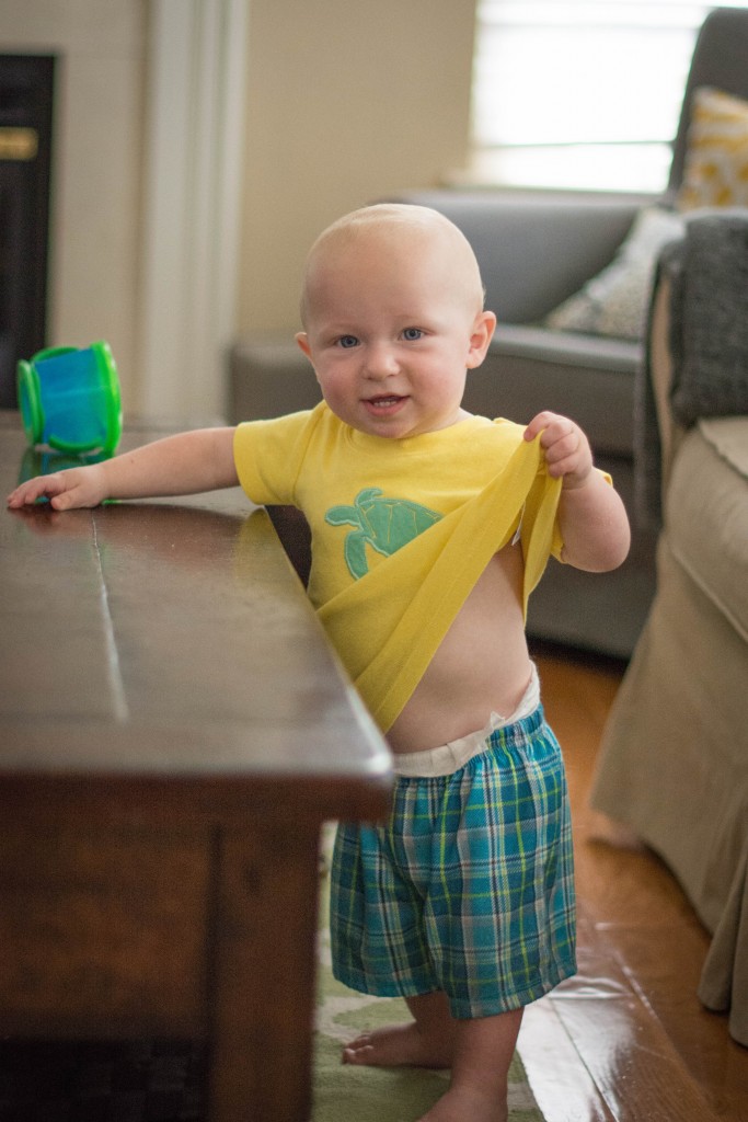 I hope he's not going to start running around naked like Emma. (By the way, Grandma Bev, I think you gave him this outfit. It's really cute.)